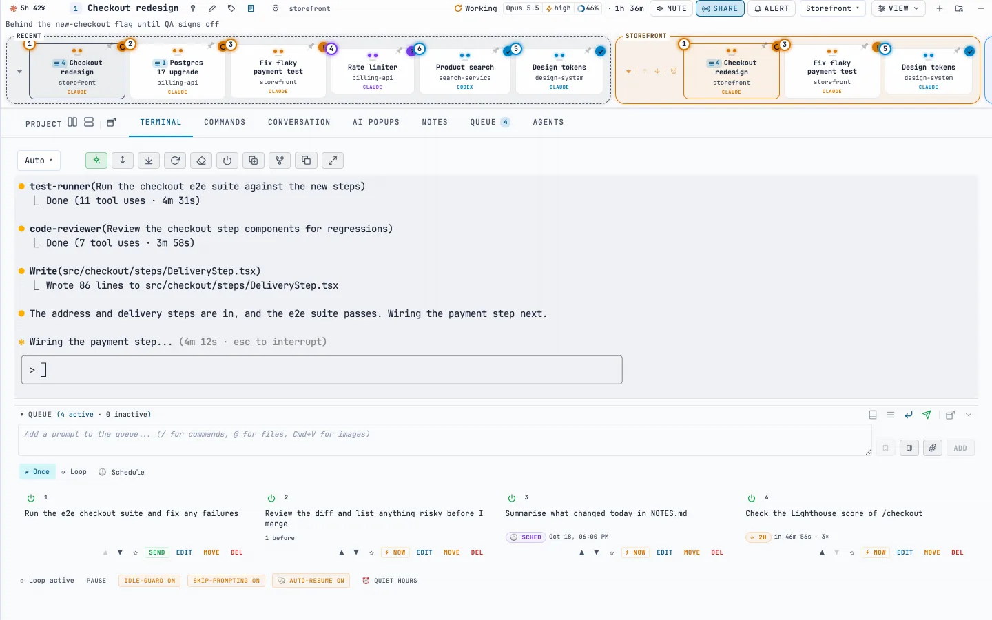 A session’s terminal with its prompt queue below: a one-off prompt, a chained review, a scheduled prompt and one that repeats every two hours.